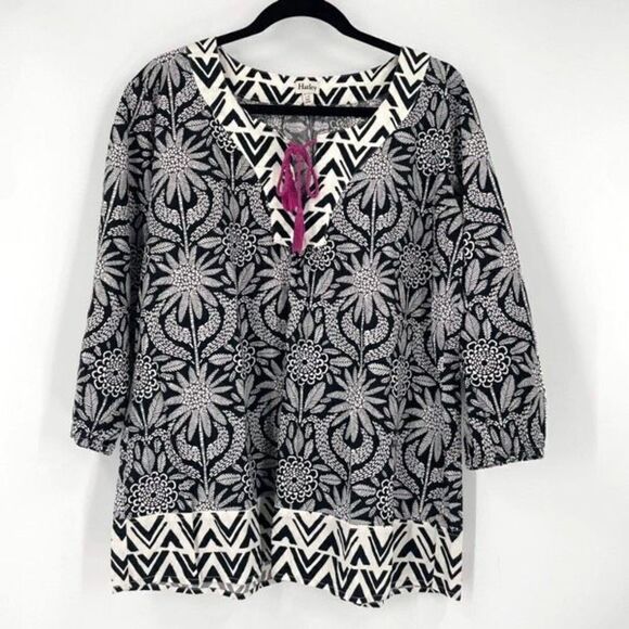 Hatley Womens Tie Front Geometric Print 3/4 Sleeve Blouse Black White Size Large - Picture 1 of 9